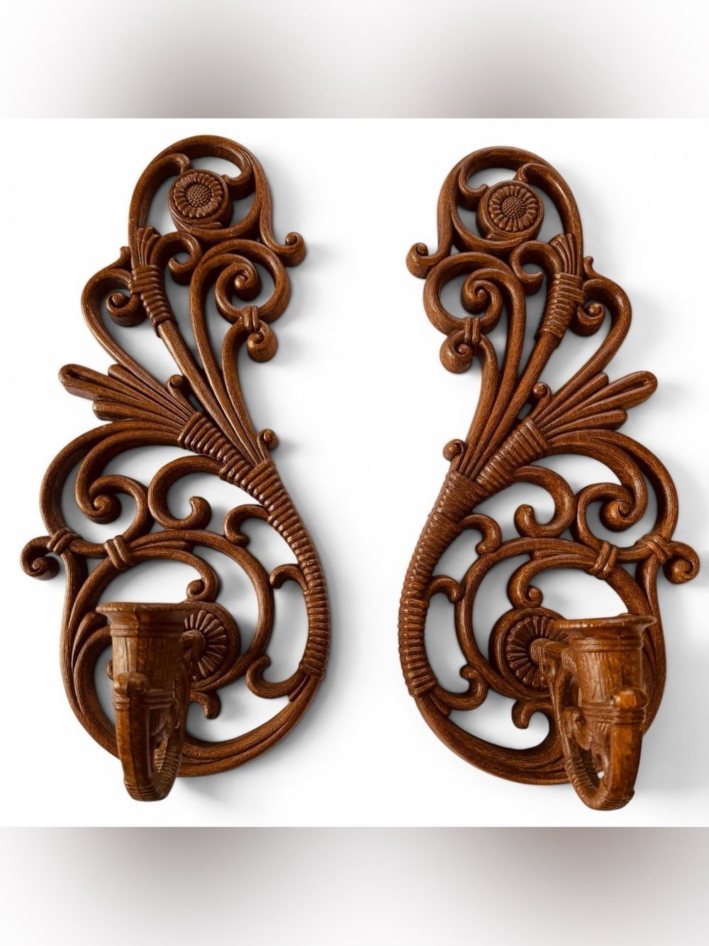 Vintage 1970s Dart Inc. Faux Rattan Wall Candle Sconces Ornate Scrolling Resin